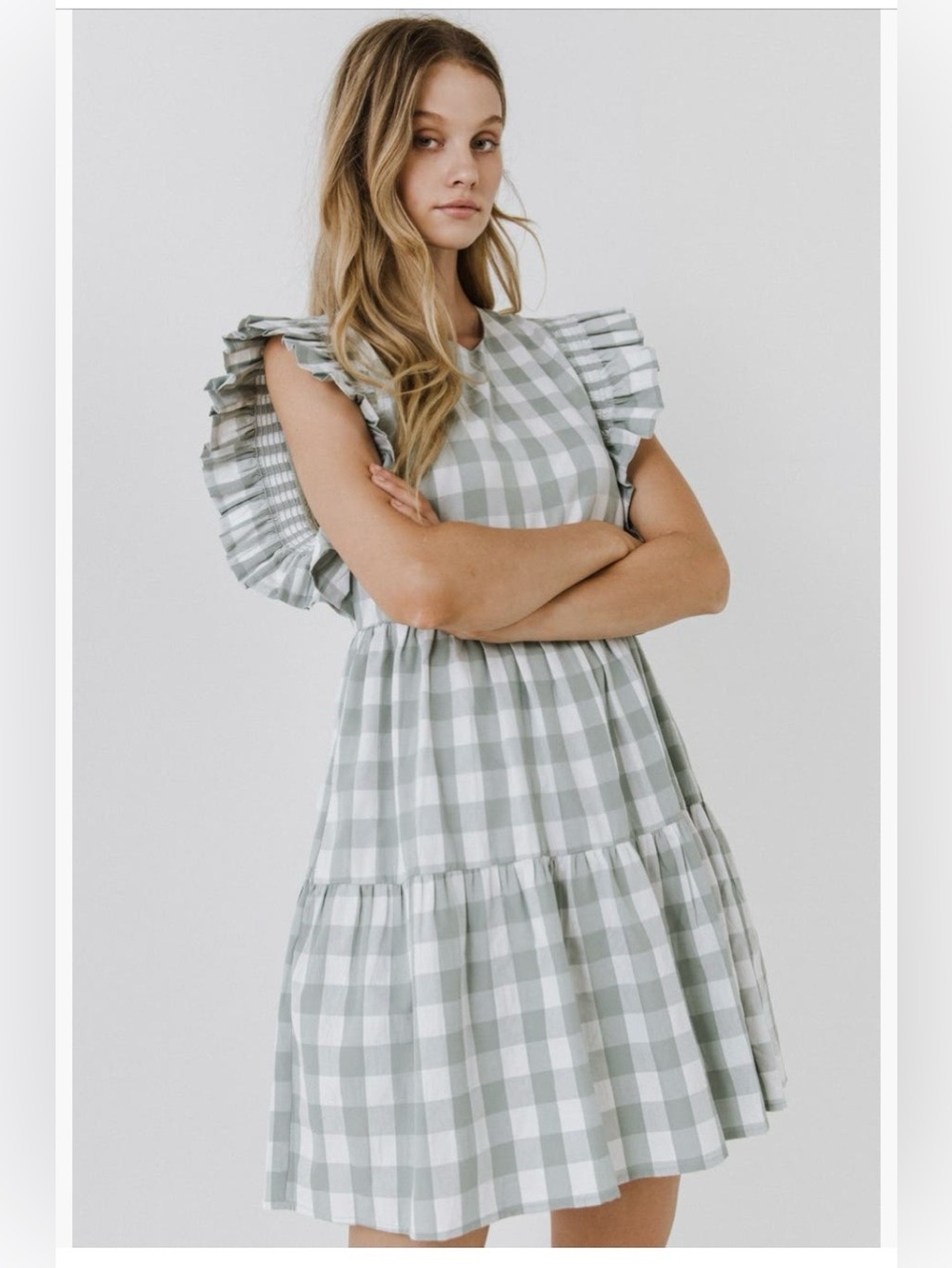 NWT English Factory Gingham Ruffle Minidress in Sage Size L